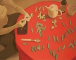 竹内淳子油絵作品-題名-空豆とさやえんどうのあるテーブル 静物